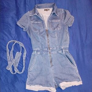 Fashion Nova Light Blue Denim Zip Romper with Belt